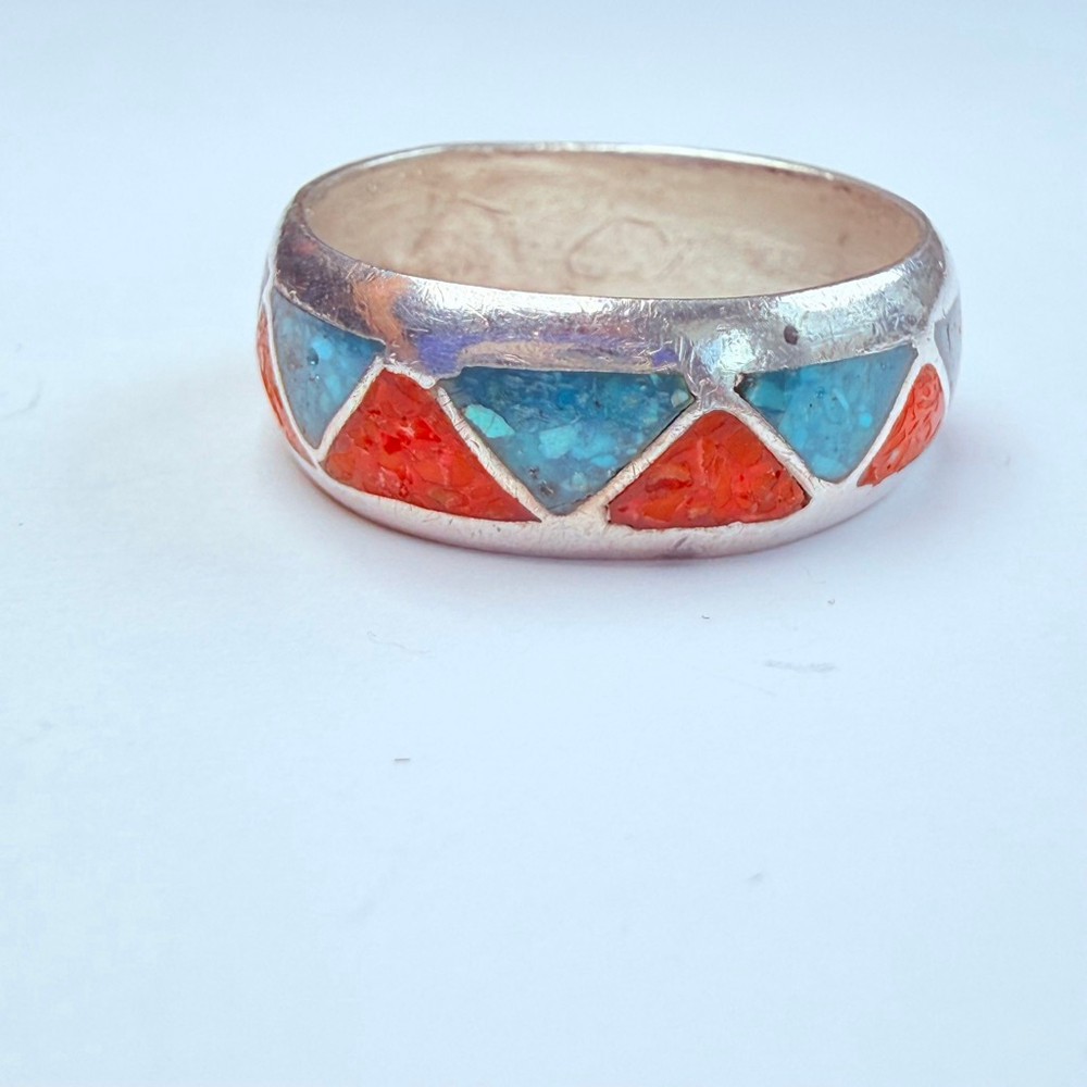 Native American Navajo Turquoise & Coral Sterling Silver 925 Vintage Band Ring
